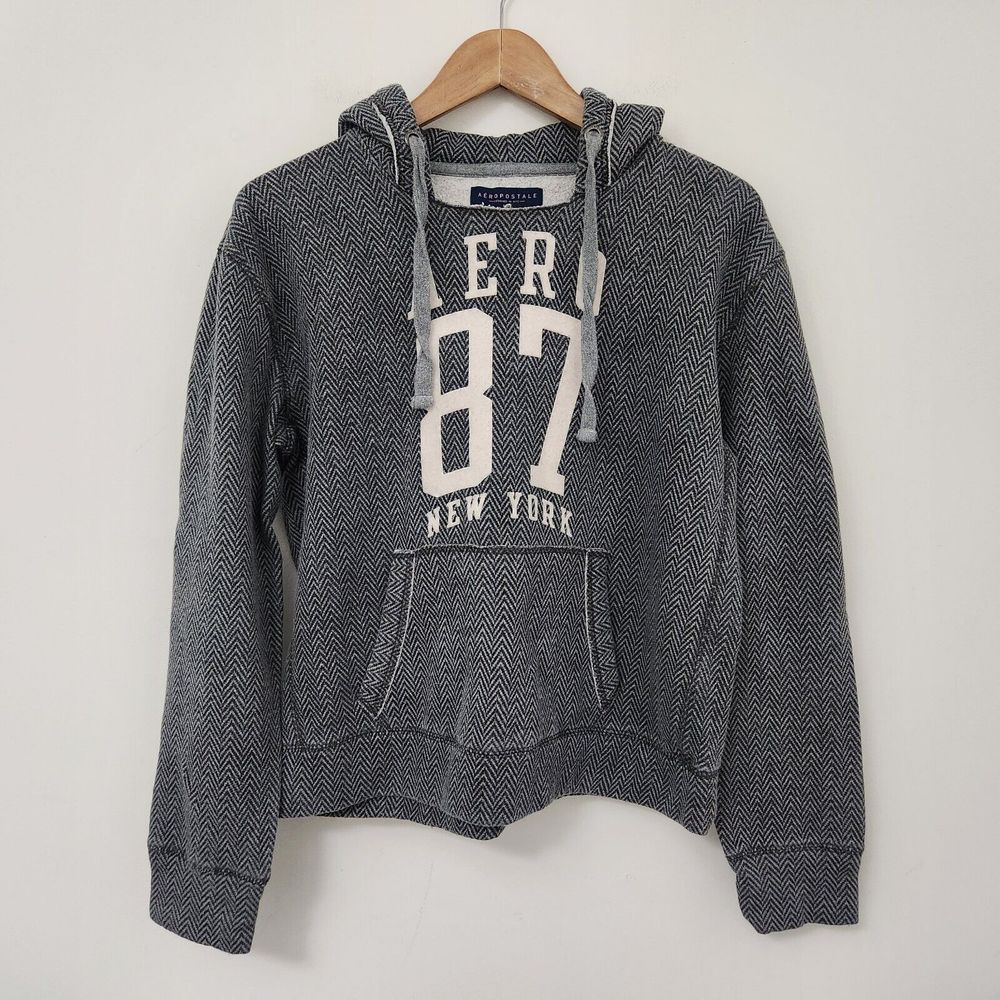 AEROPOSTALE Women's Gray Houndstooth Hooded Sweatshirt Hoodie Size L